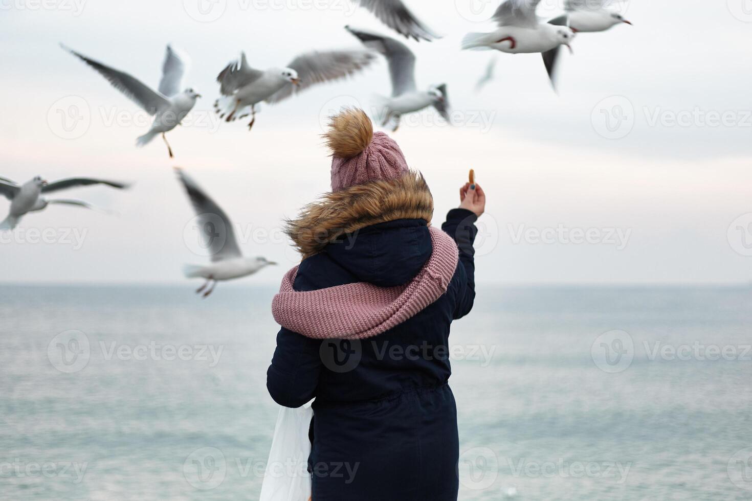 uno niña en invierno ropa son en pie en el muelle y alimentación el gaviotas desde su manos. invierno mar y aves. foto