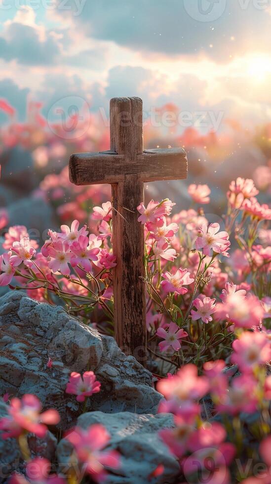 AI generated Wooden cross in the field among blooming pink flowers under a blue sky. Concept of Easter greetings, celebration, resurrection joy, natural burial, memorial. Art. Postcard. Vertical. photo