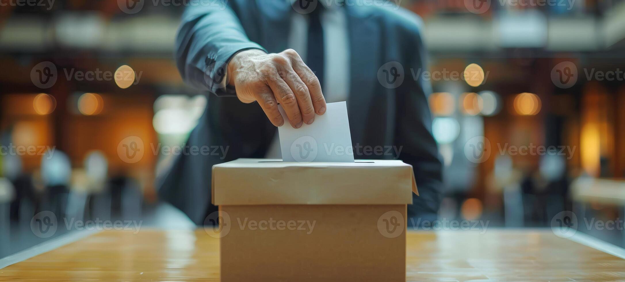 AI generated Male hand placing a ballot into a voting box at a polling station. Voter. Middle aged man voting. Concept of democracy, elections, freedom. American presidential elections. Wide Banner. photo