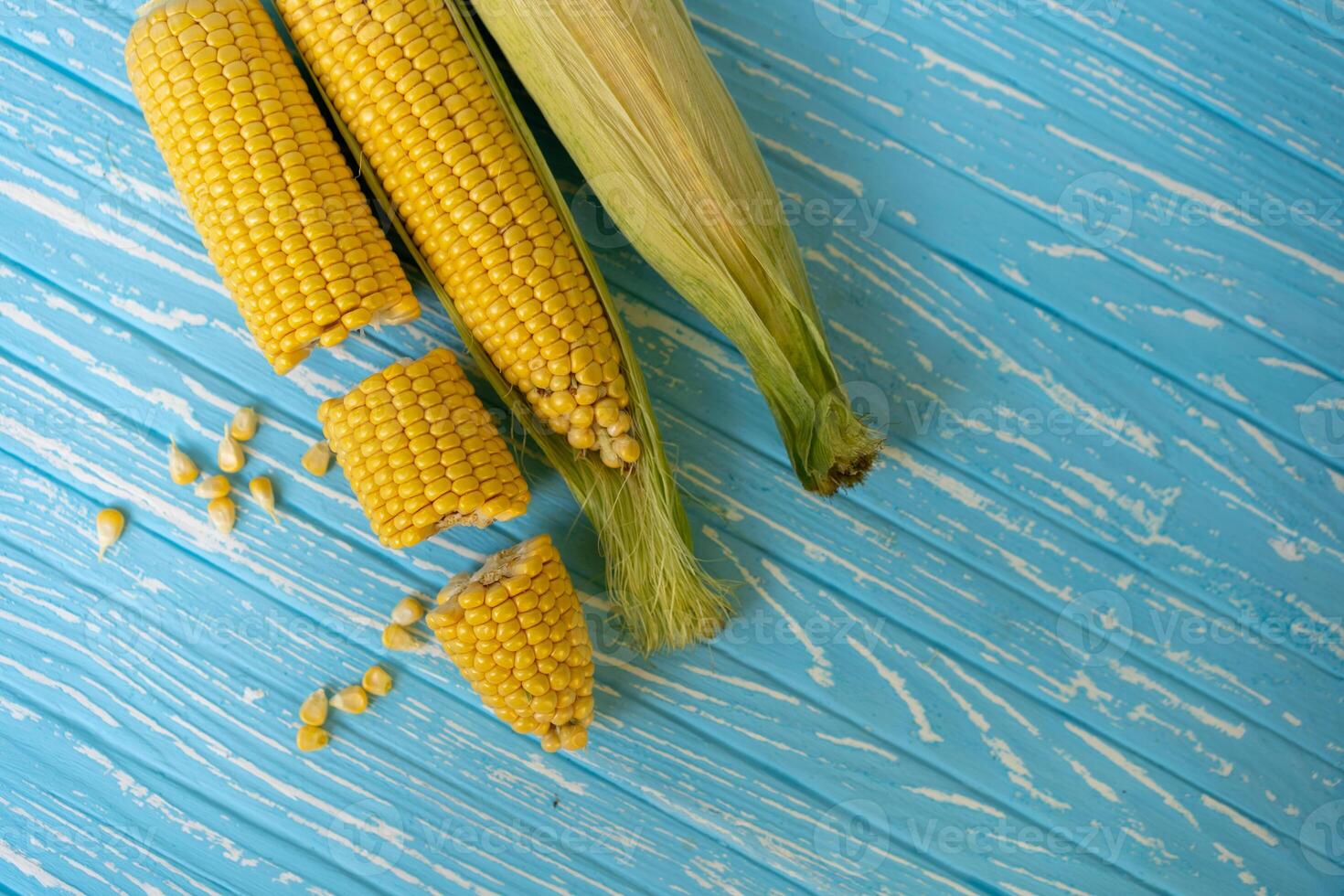 Corn cob with green leaves lies on table blue color background. photo