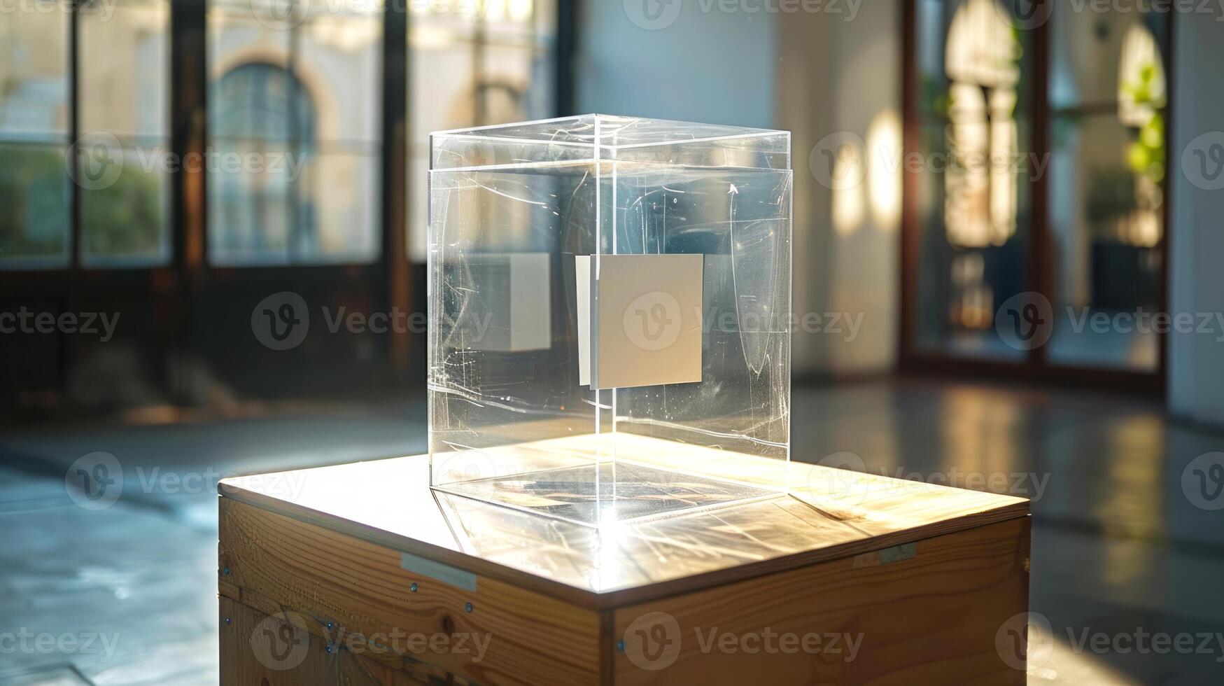 AI generated Empty transparent ballot box in a sunlit room. Concept of the start of voting, electoral transparency, and democratic beginnings. Voting station. photo