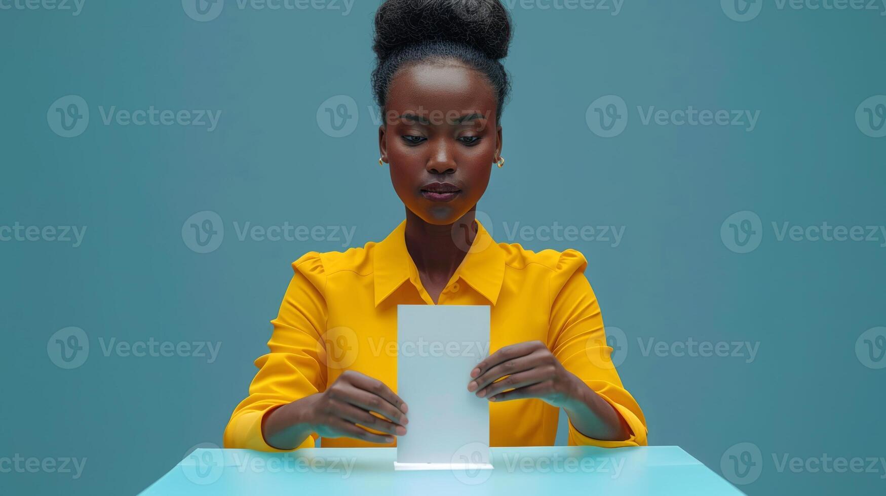 AI generated African American lady places her vote into a ballot box. Female voter casting a ballot. Concept of democracy, elections, civic duty, diversity. American presidential elections photo