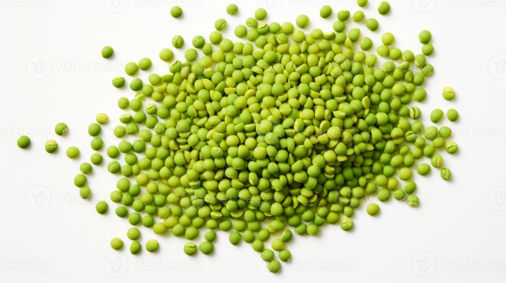 AI generated Top view of green split peas isolated on white. Concept of vegan nutrition, cooking basics, and organic produce. Top view. Textured background photo