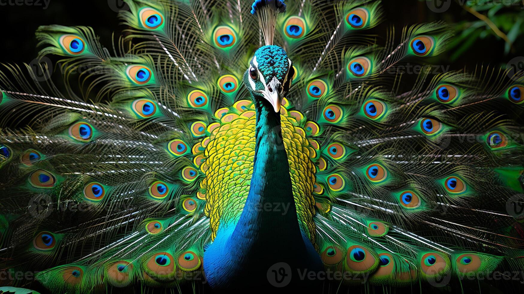 ai generado vibrante vistoso pavo real con brillante abierto cola. concepto de fauna silvestre belleza, pájaro mirando, hábitat, y exótico fauna. oscuro antecedentes. foto