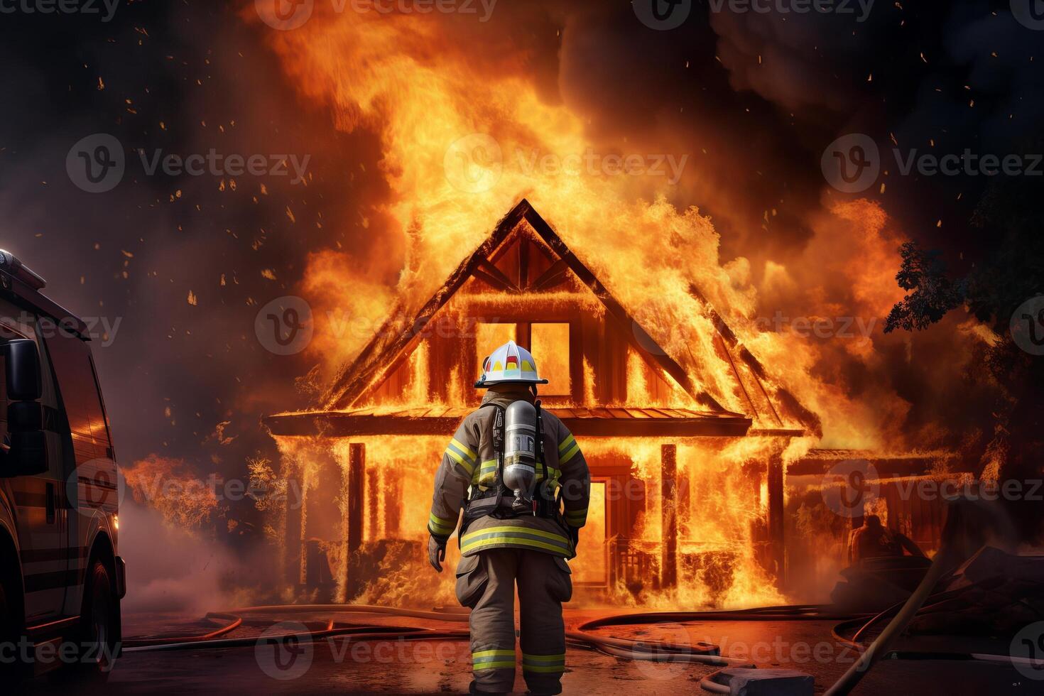 AI generated Firefighter approaching a blazing house fire. Concept of bravery, emergency response, firefighting, and disaster management photo