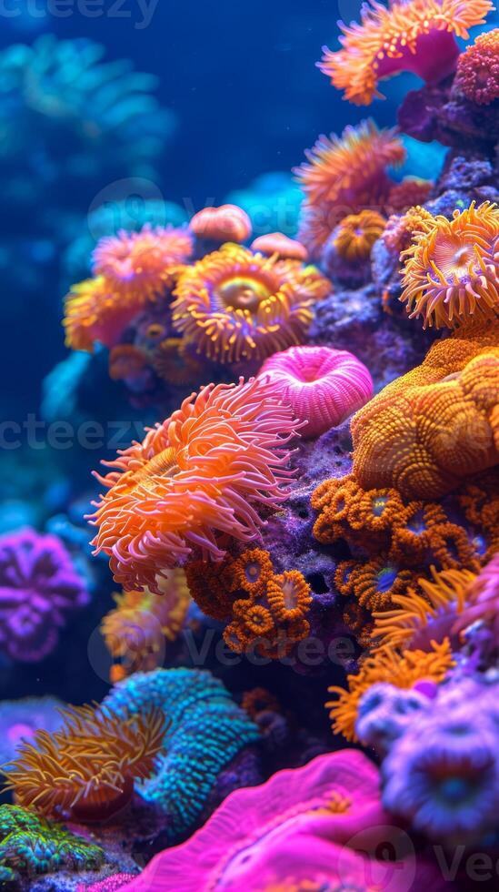 ai generado vibrante coral arrecife en Oceano aguas concepto de marina vida, submarino biodiversidad, tropical ecosistema, y natural acuario. vertical formato. foto