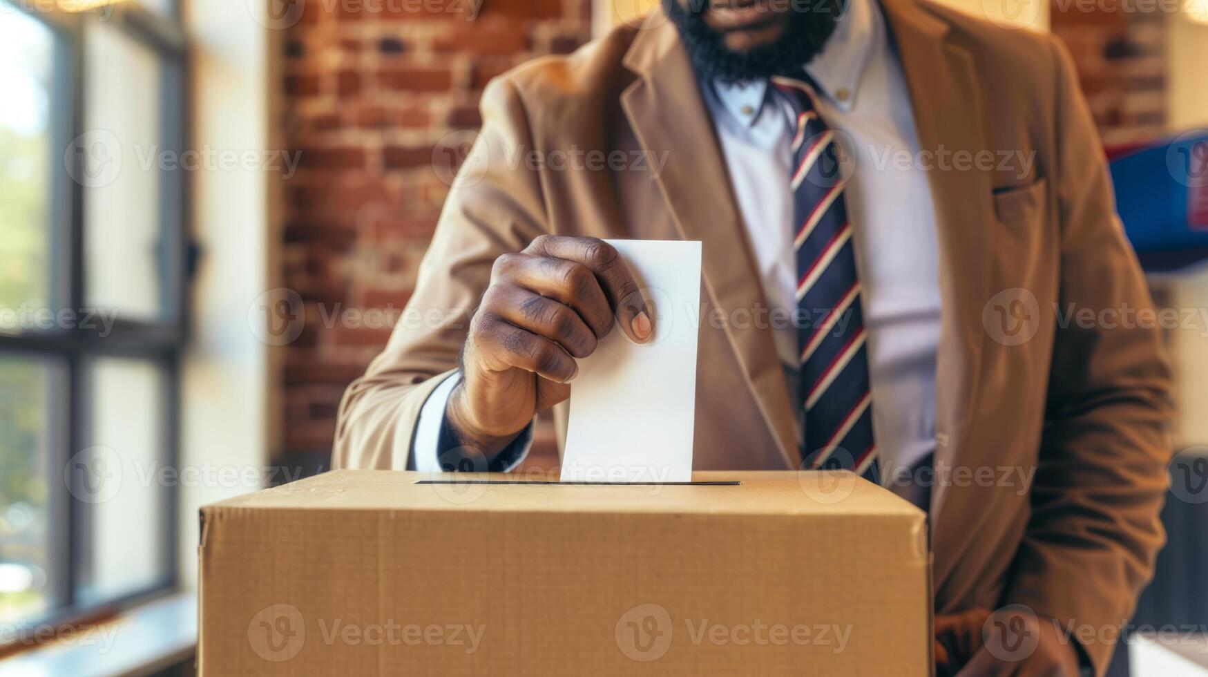 AI generated African American man placing a ballot into a voting box at a polling station. Black male voter. Concept of democracy, elections, civic duty, diversity. American presidential elections. photo
