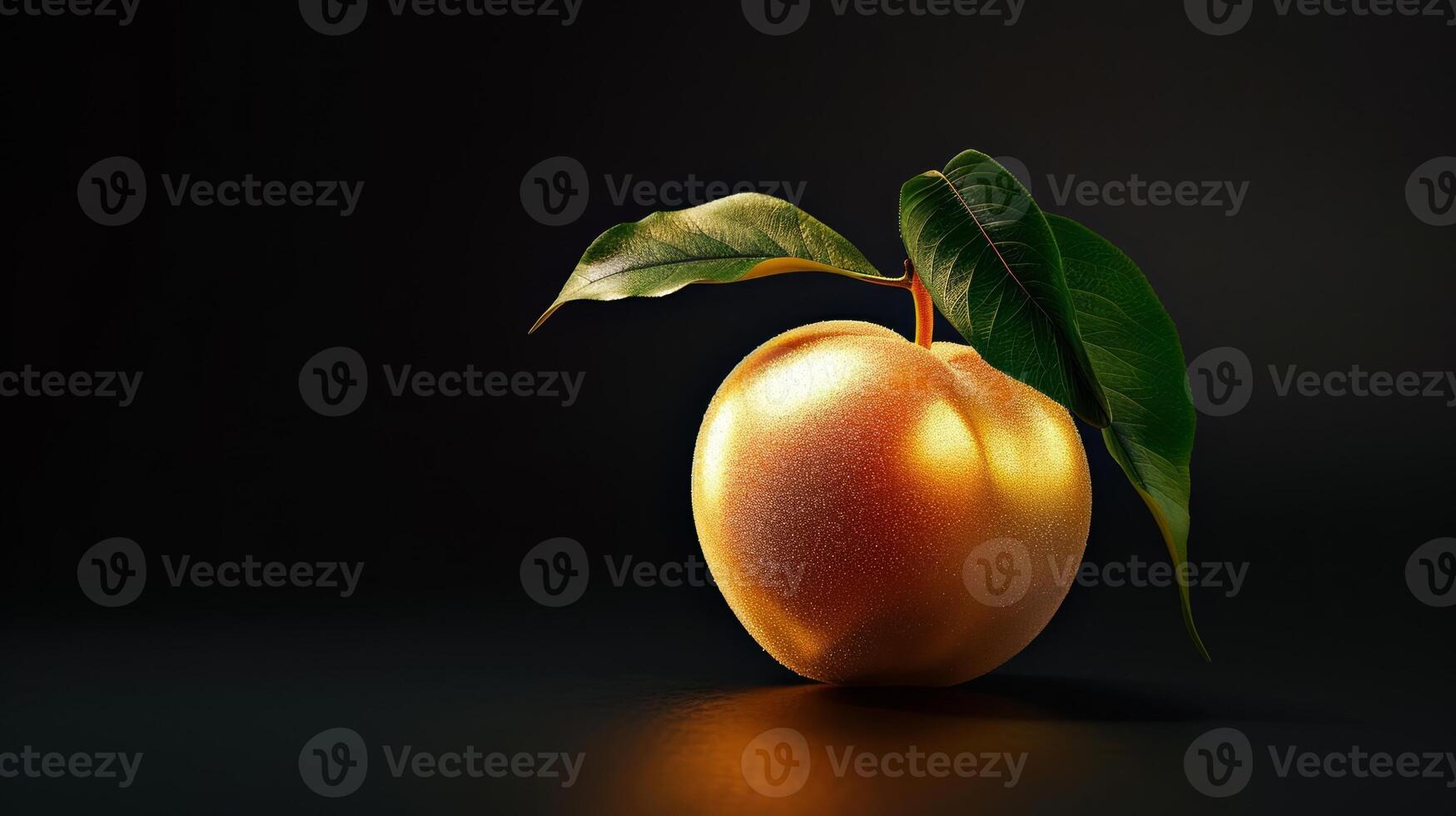 AI generated Golden peach with leaves on a dark background, suitable for luxury advertisement and high-end product display. Banner with copy space. photo
