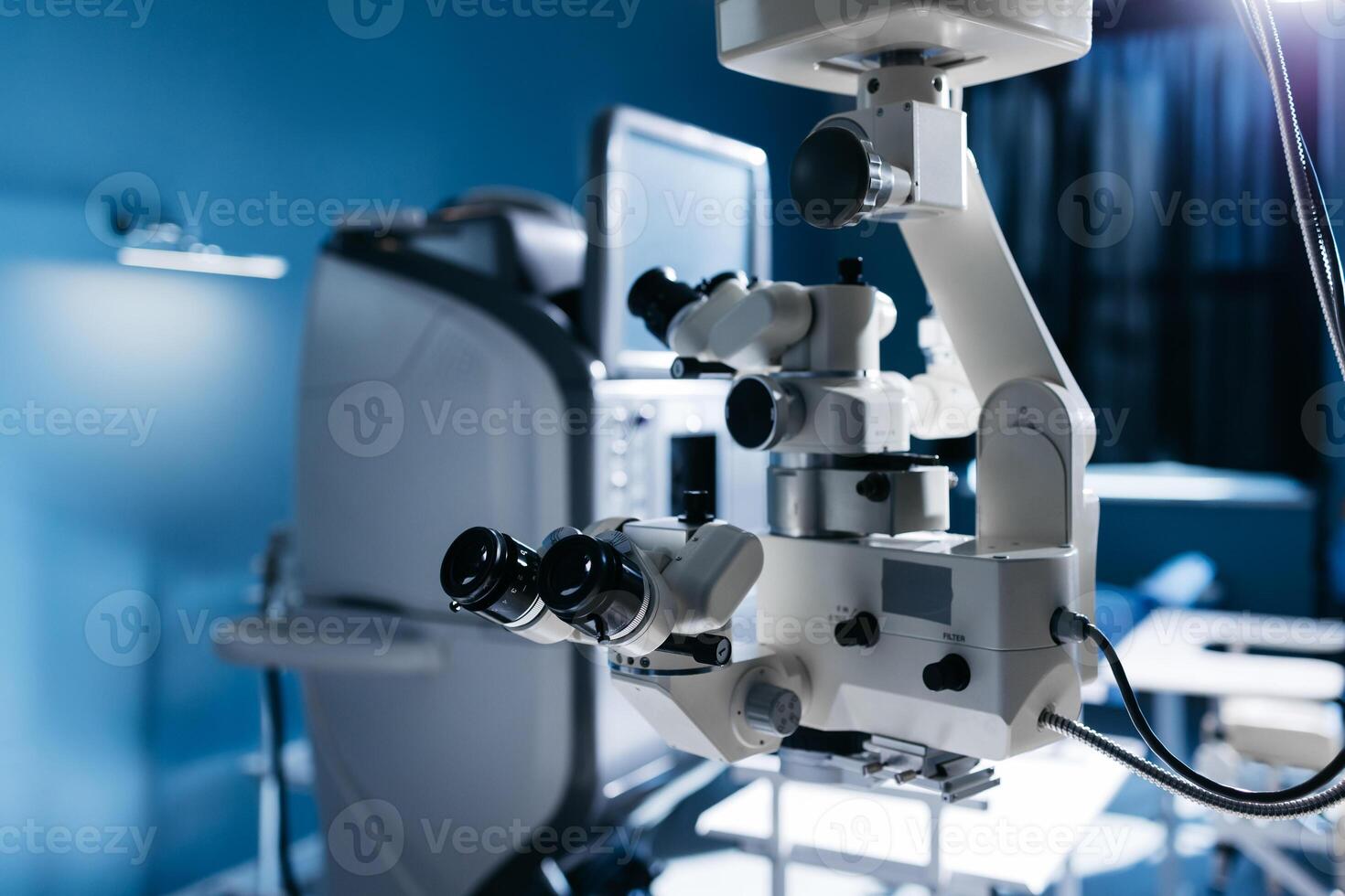 Ophthalmic laser system in eye surgery clinic. Laser treatmnet for myopia. The ophtalmology medical equipment. Eyes examination. Modern device. Laser eye vision correction photo