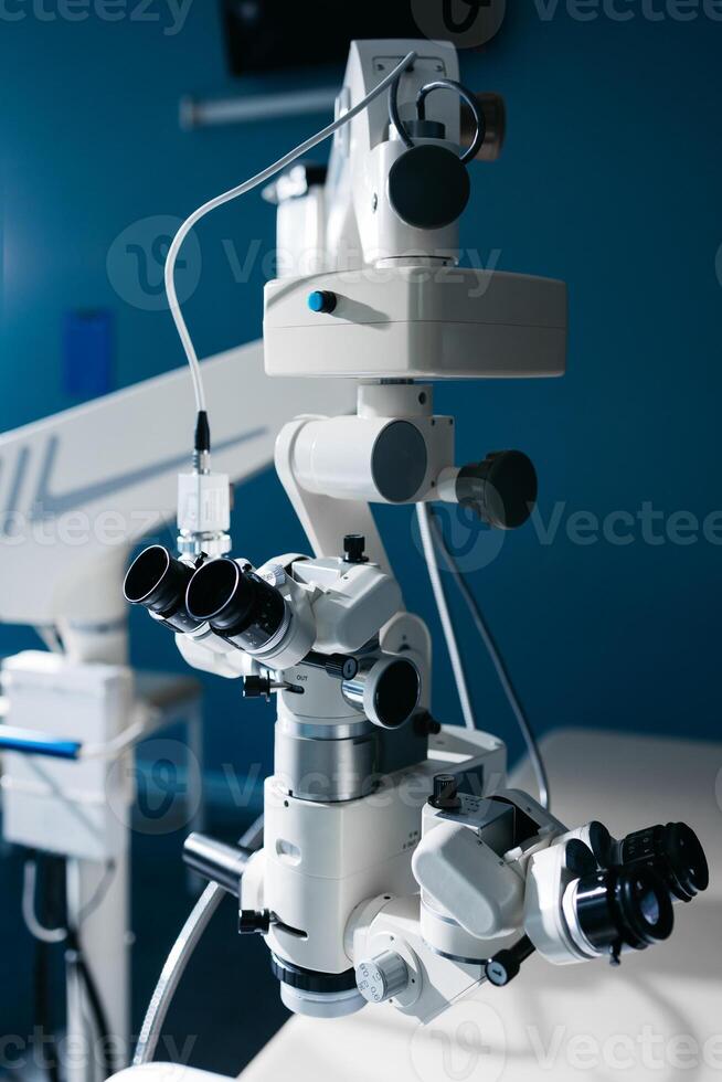 Ophthalmic laser system in eye surgery clinic. Laser treatmnet for myopia. The ophtalmology medical equipment. Eyes examination. Modern device. Laser eye vision correction photo