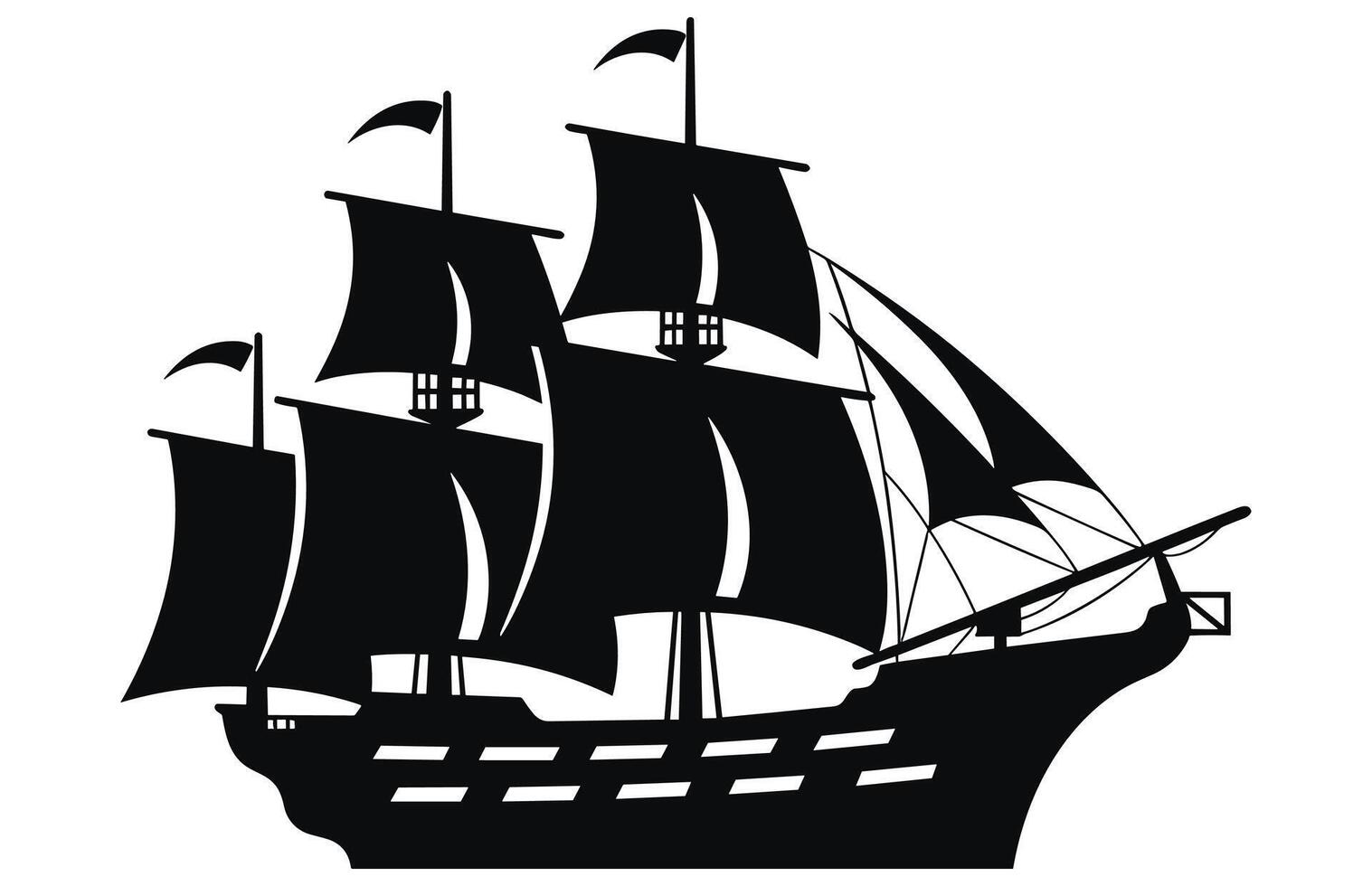 Silhouette of a Pirate Ship, Pirate boats and Old different Wooden Ships with Fluttering Flags vector