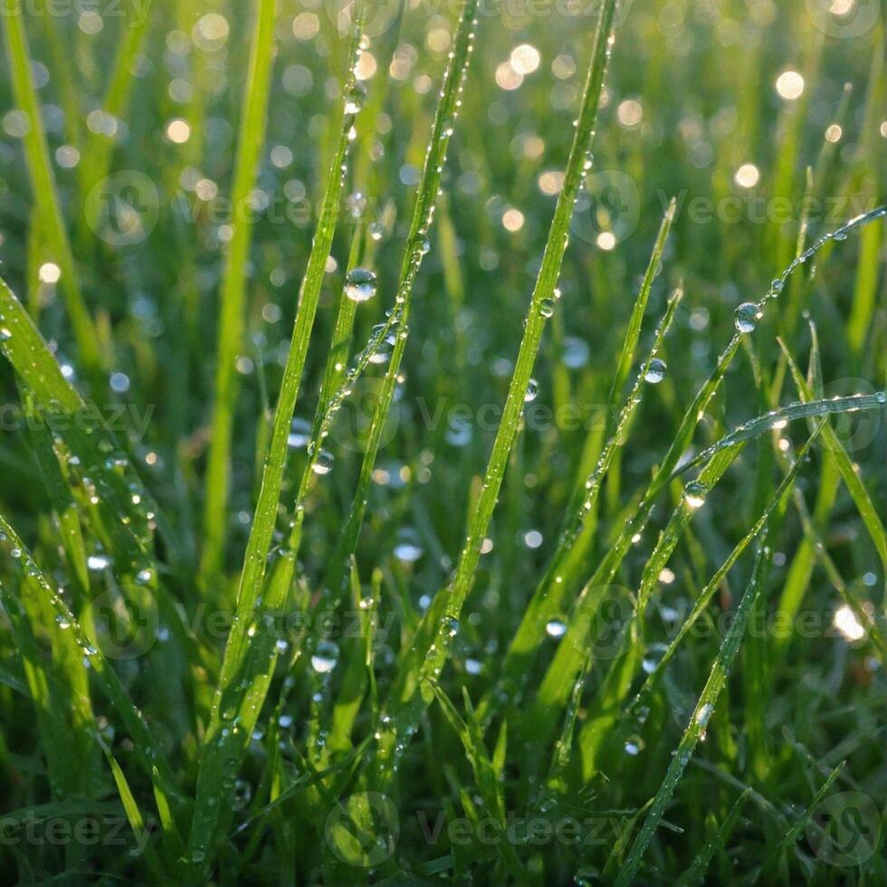 AI generated A close-up of dewdrops glistening on blades of grass in the early morning light photo
