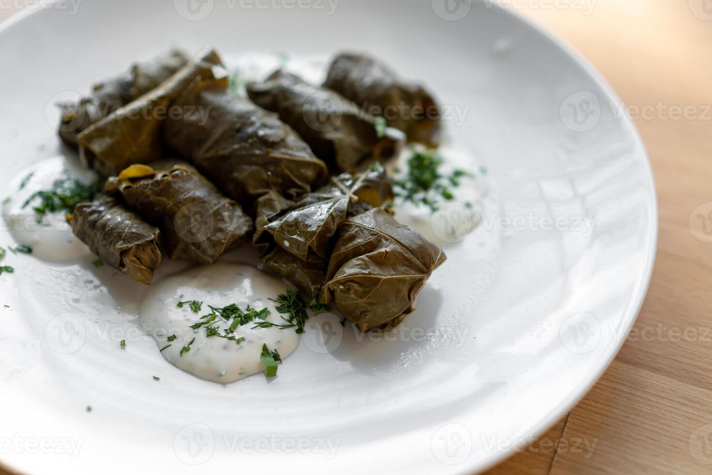 Traditional stuffed vine leaves on a large white plate with sauce photo