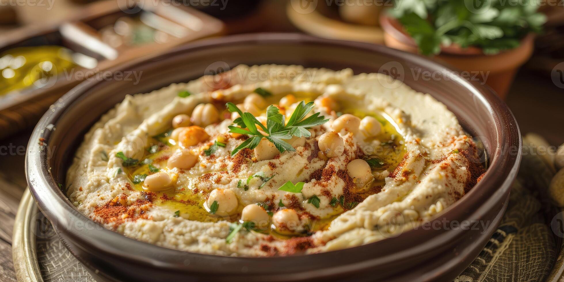 ai generado delicioso árabe hummus en monitor foto