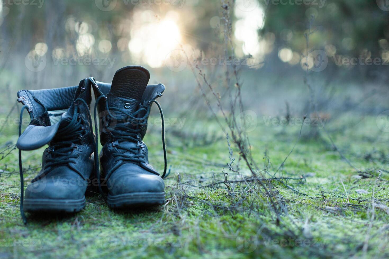 Close up of vintage pair of walking boots on boulder grassland background. photo