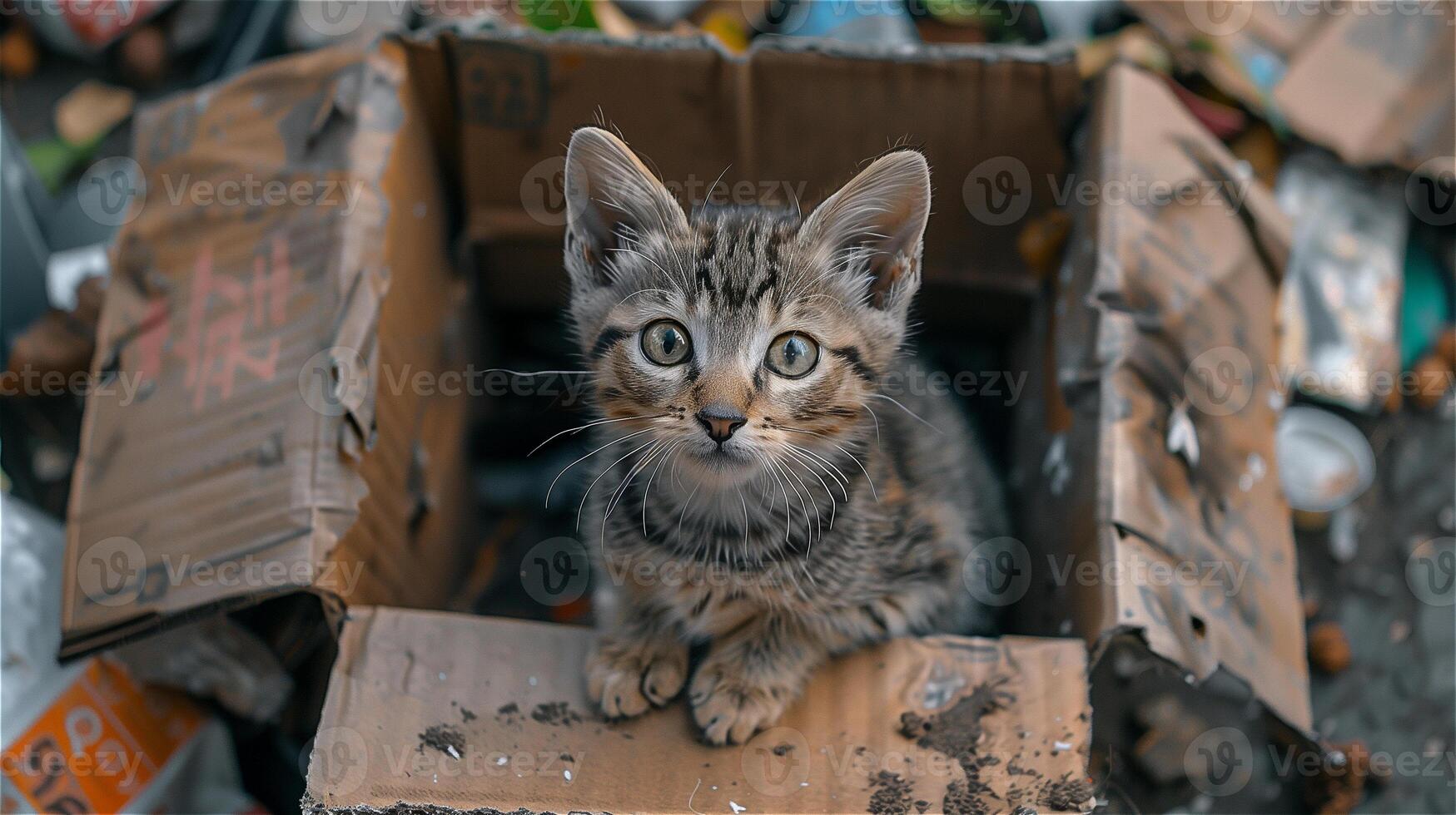 ai generado gatito en un cartulina caja en contra un antecedentes rodeado por basura foto