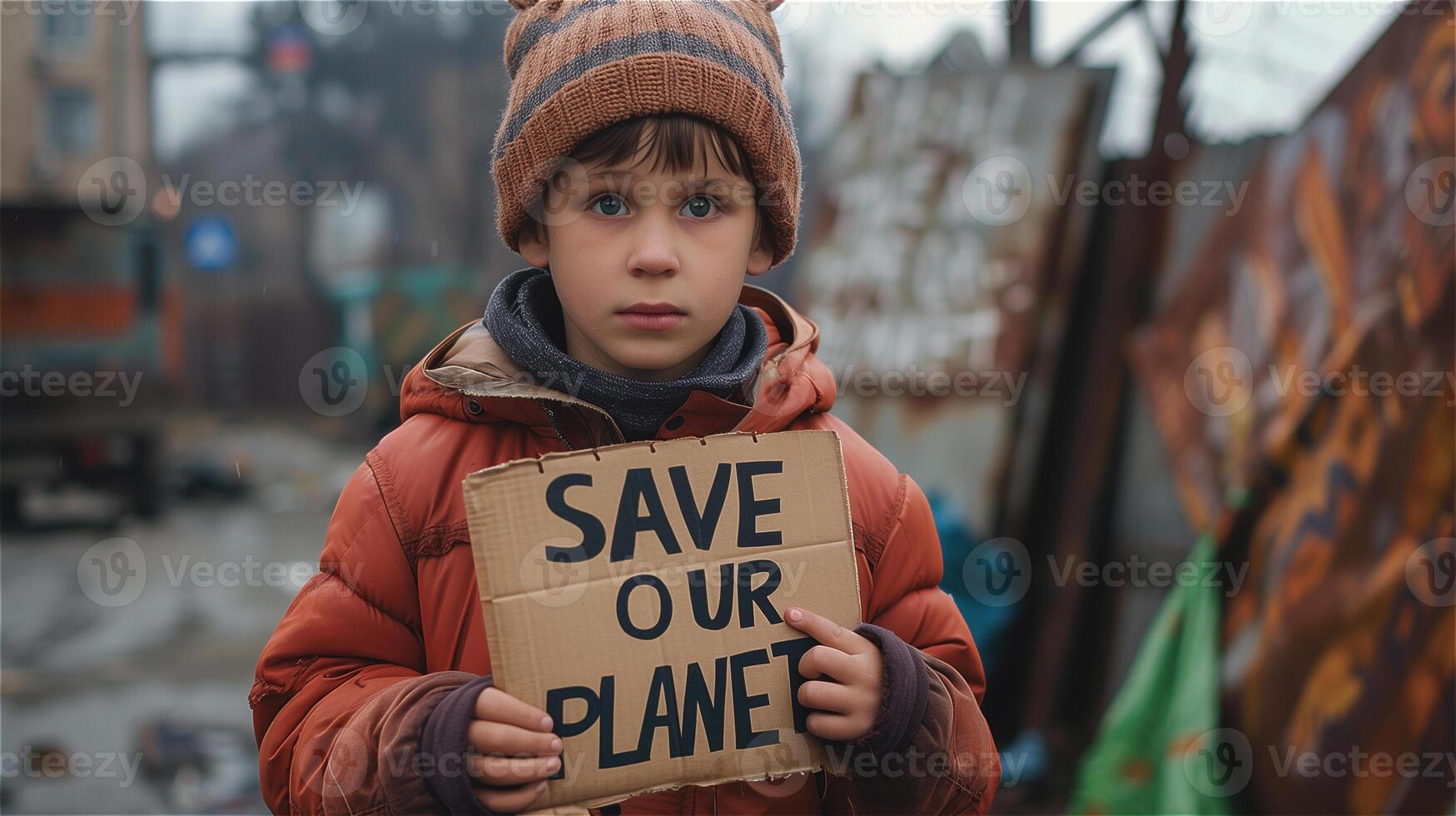 AI generated Unhappy boy holds a protest sign that write Save our planet photo