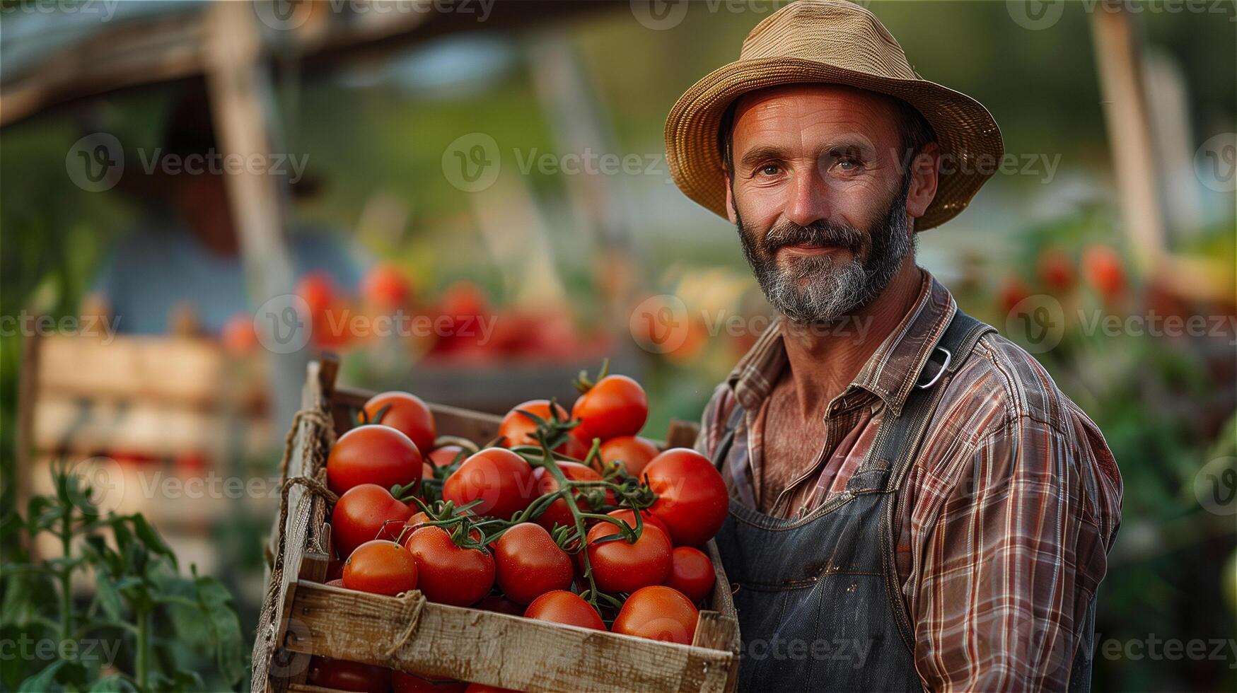 AI generated Male farmer carries a wooden crate full of tomatoes photo