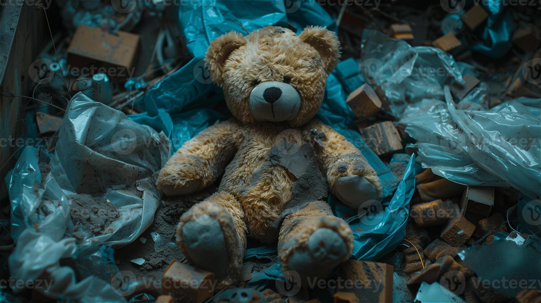 AI generated Broken teddy bear in the trash photo