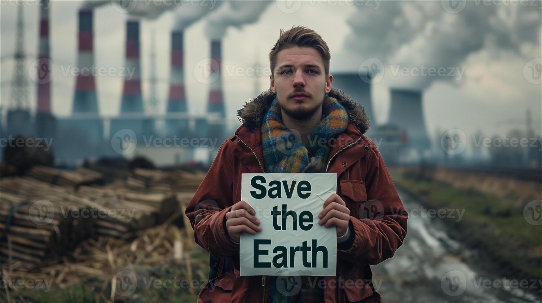 AI generated Young man holds a protest sign that write Save the earth photo
