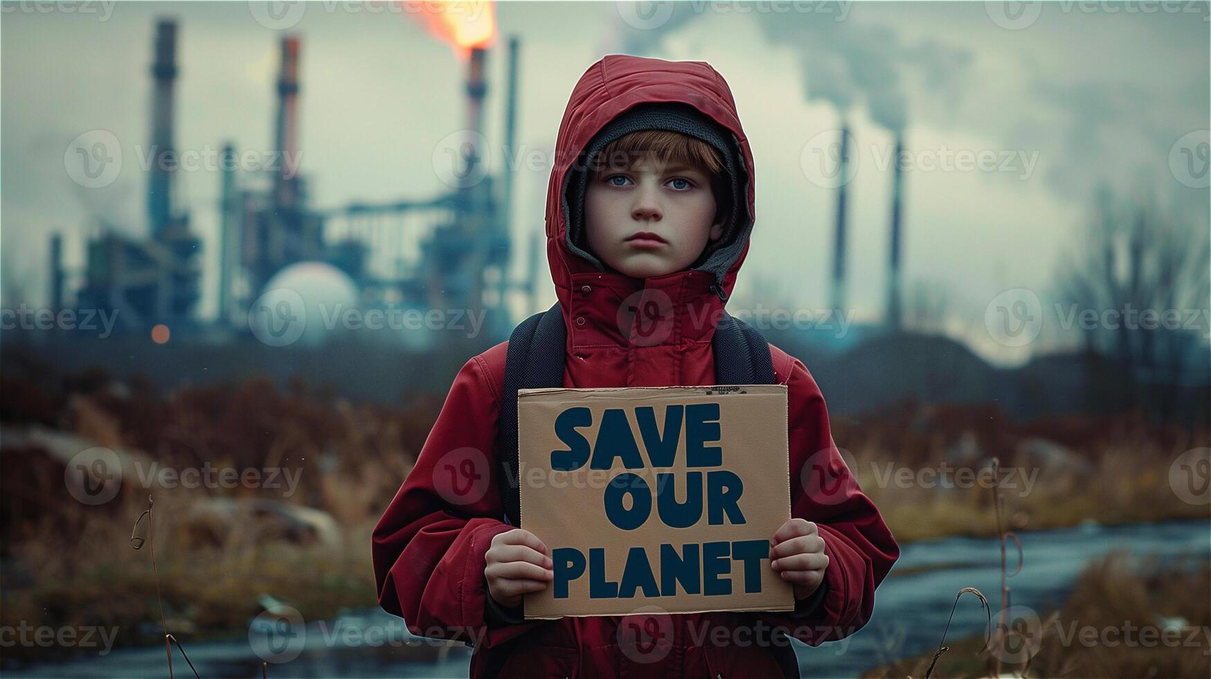 AI generated Unhappy boy holds a protest sign that write Save our planet photo