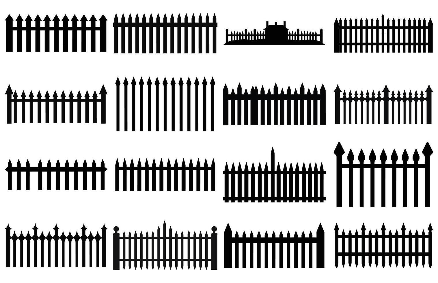 Fence Silhouettes, Set of fence silhouette in flat style vector illustration, Black fence on white background,