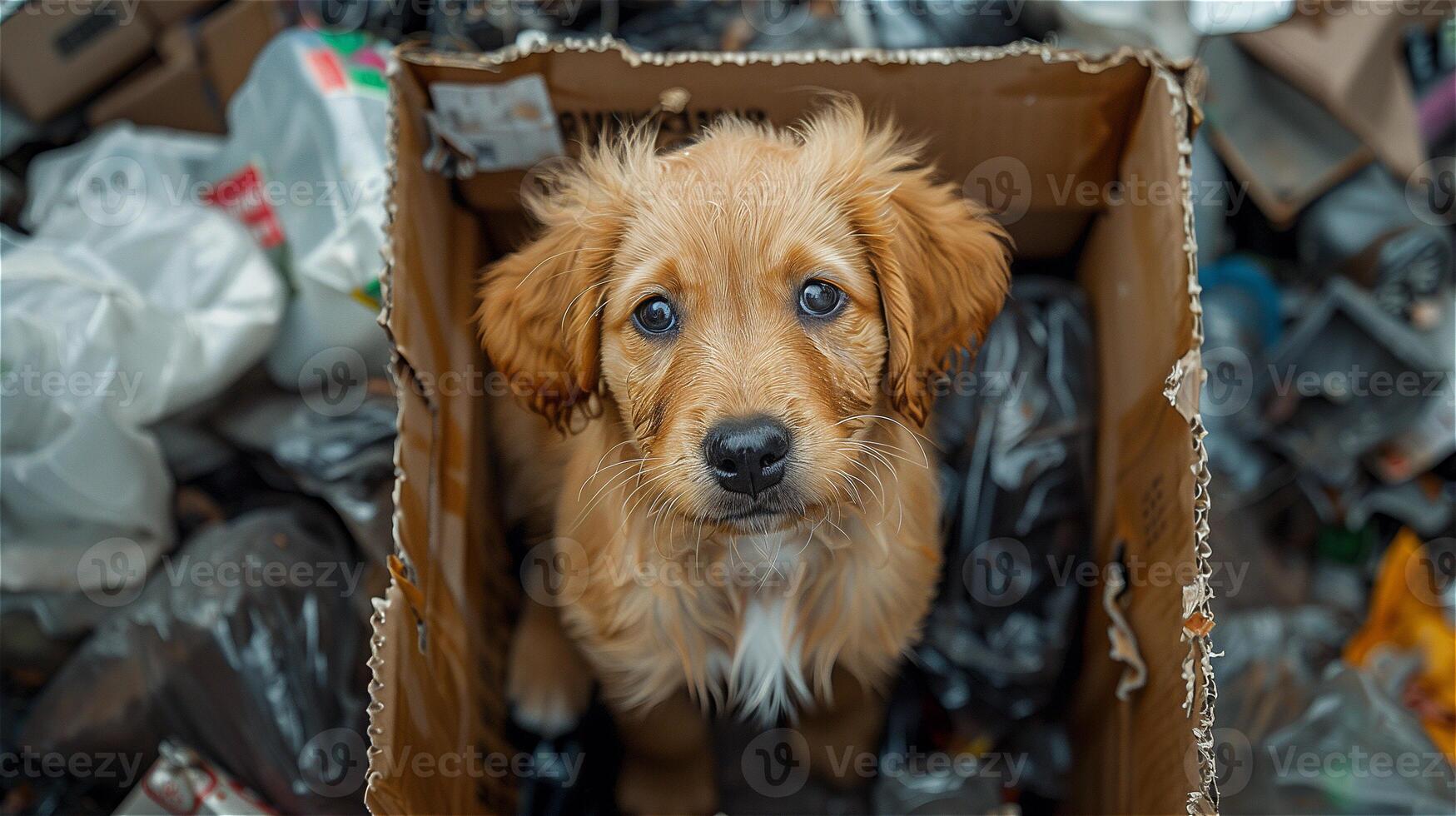 AI generated Puppy in a cardboard box against a background surrounded by trash photo