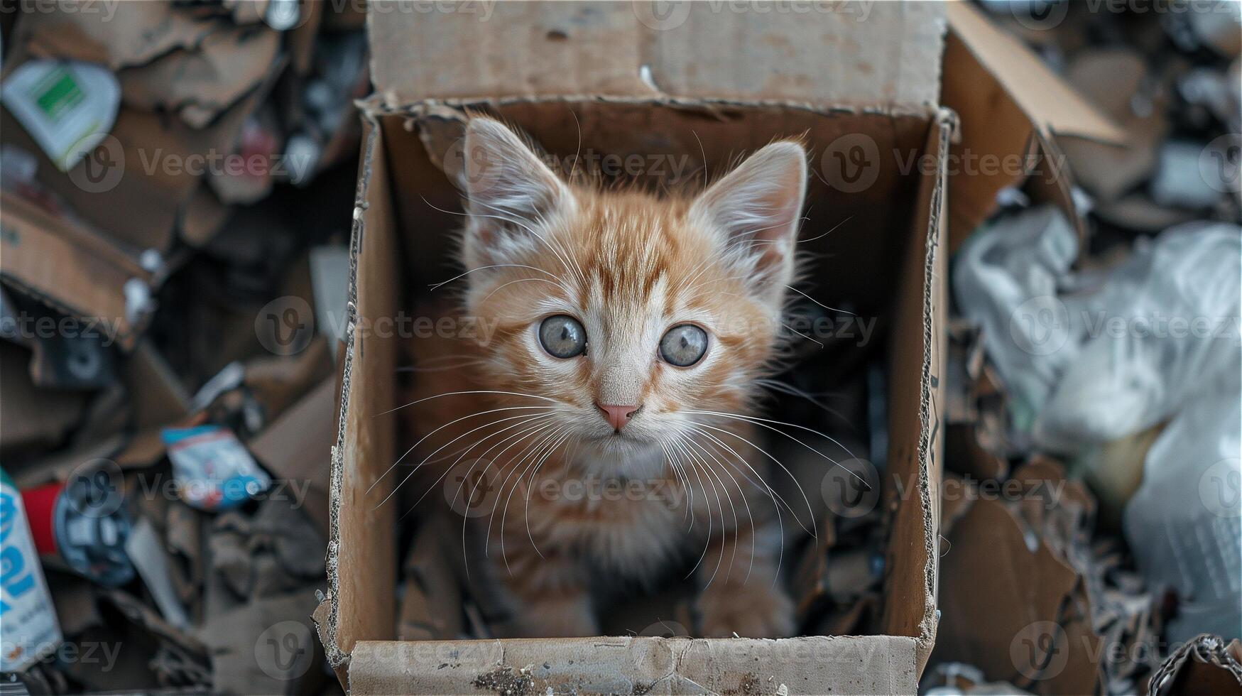 AI generated Kitten in a cardboard box against a background surrounded by trash photo