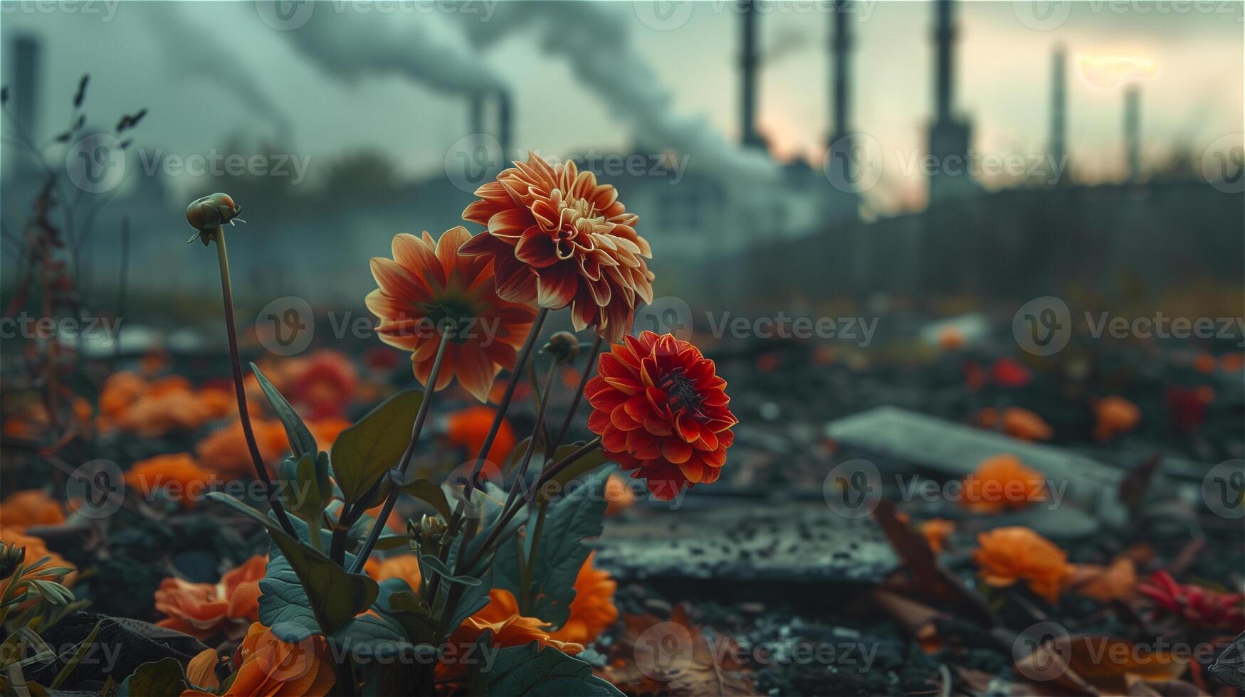 AI generated Flowers dying from air pollution in pollution from industrial background photo