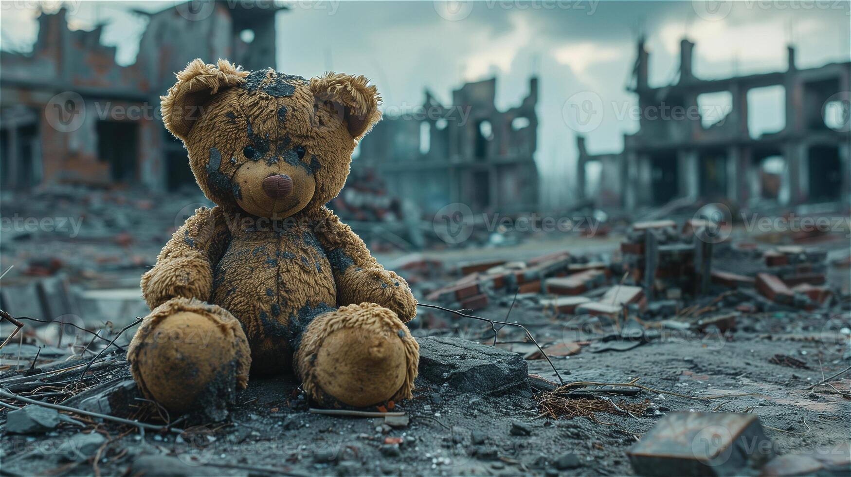 AI generated Discarded teddy bear against the background of a destroyed city photo