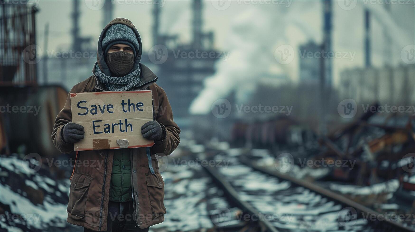 AI generated Young man holds a protest sign that write Save the earth photo