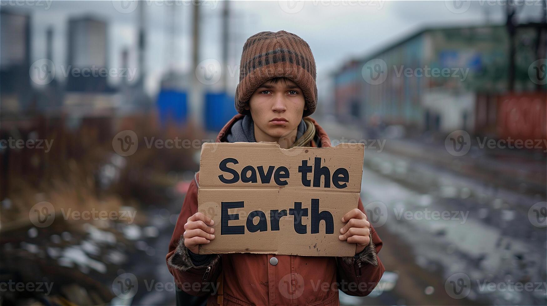 AI generated Young man holds a protest sign that write Save the earth photo