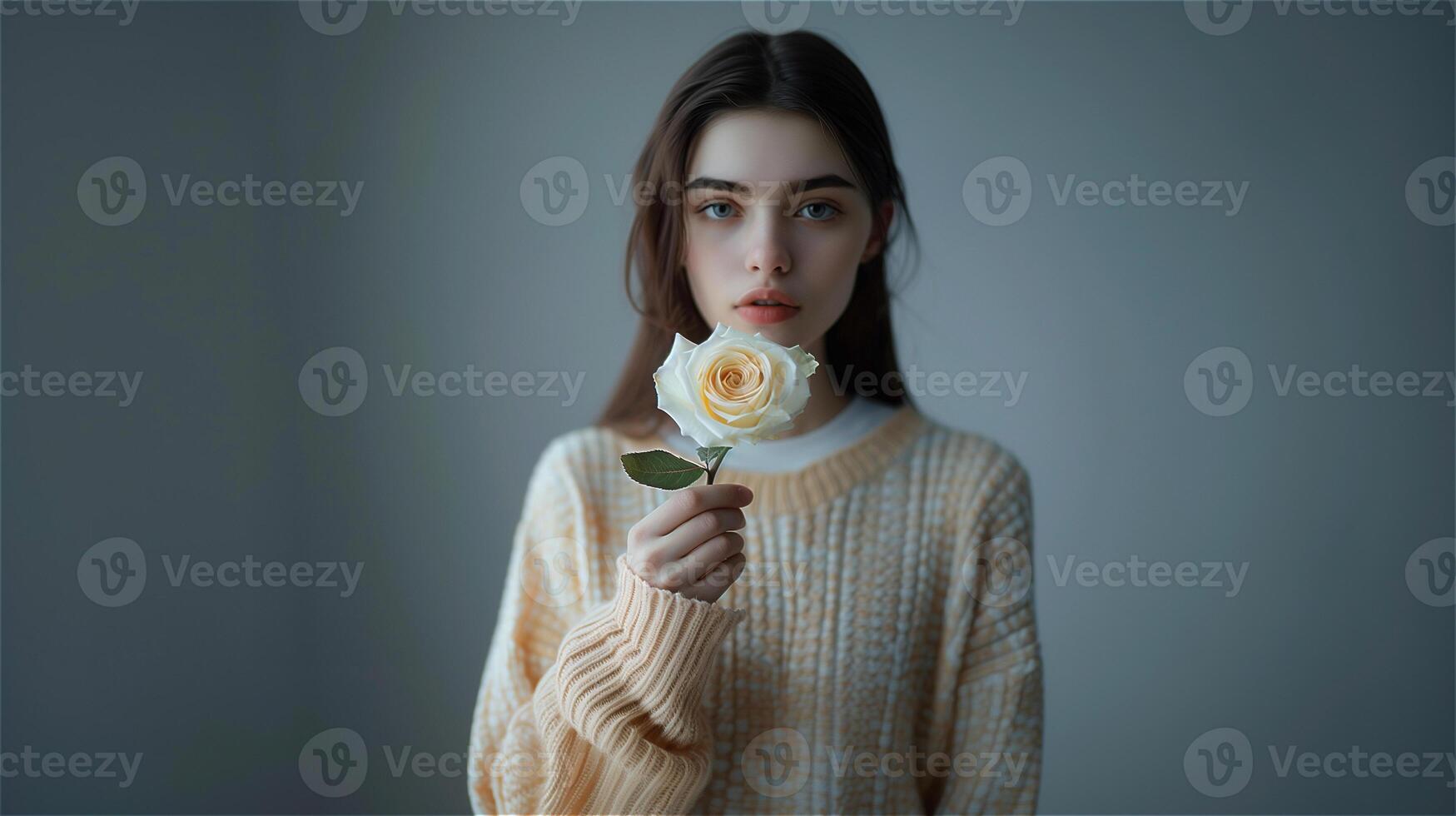 AI generated Beautiful young woman holding a fresh white rose photo