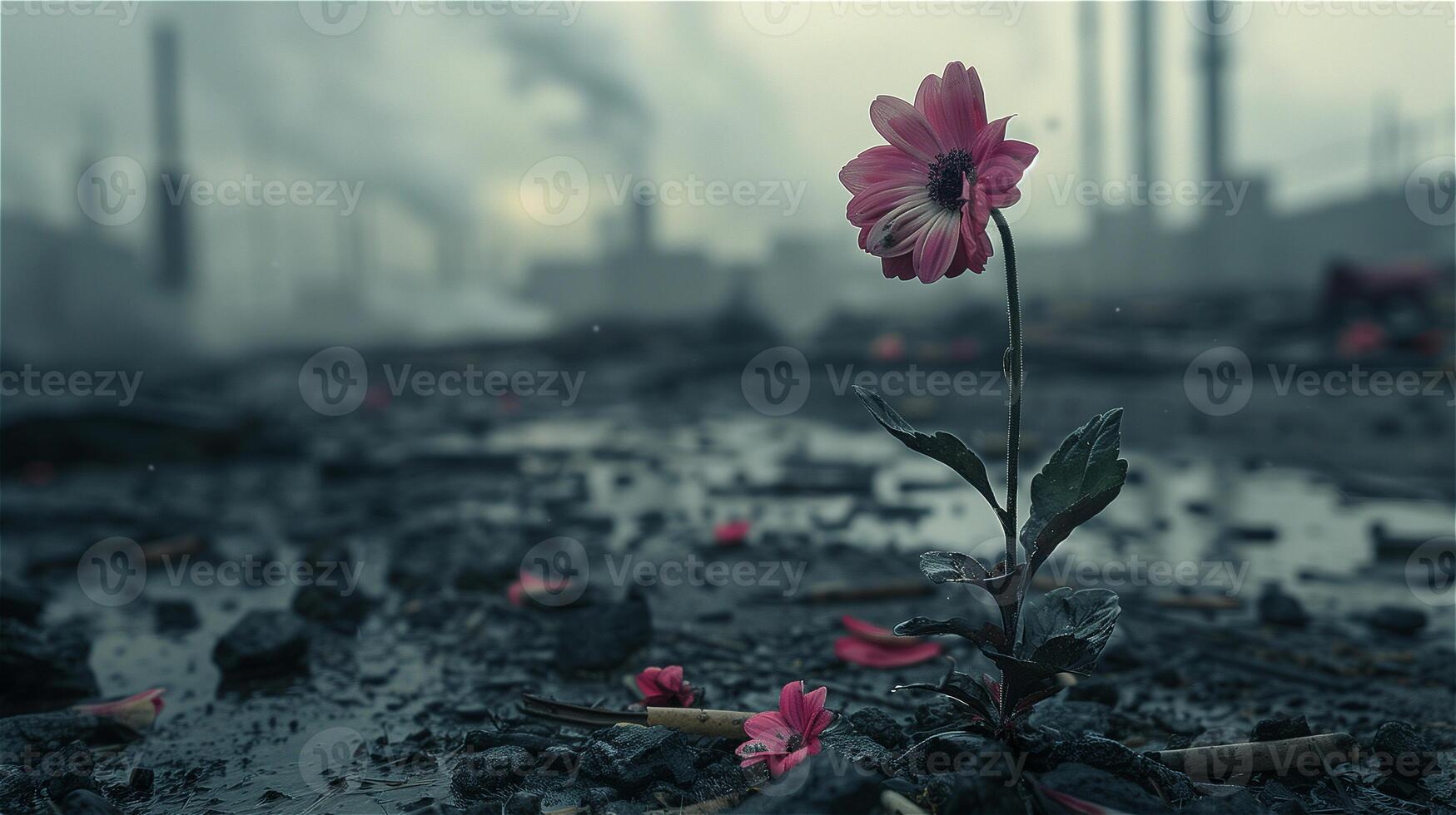 AI generated Flowers dying from air pollution in pollution from industrial background photo