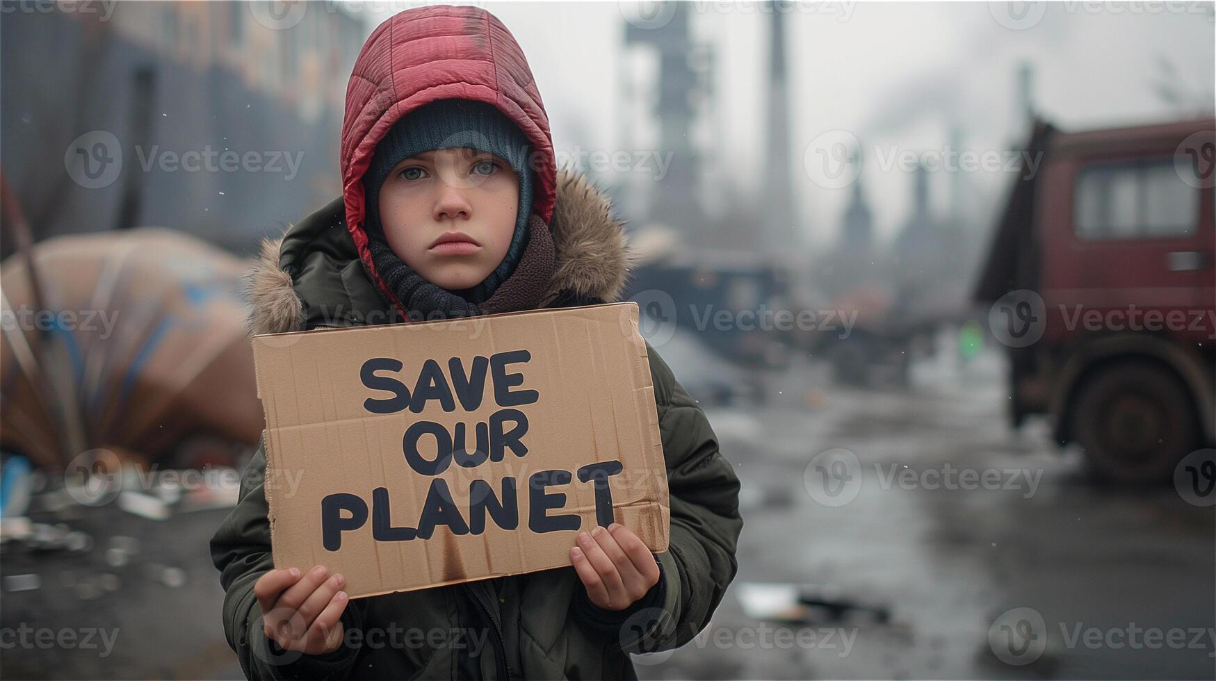 ai generado infeliz chico sostiene un protesta firmar ese escribir salvar nuestra planeta foto