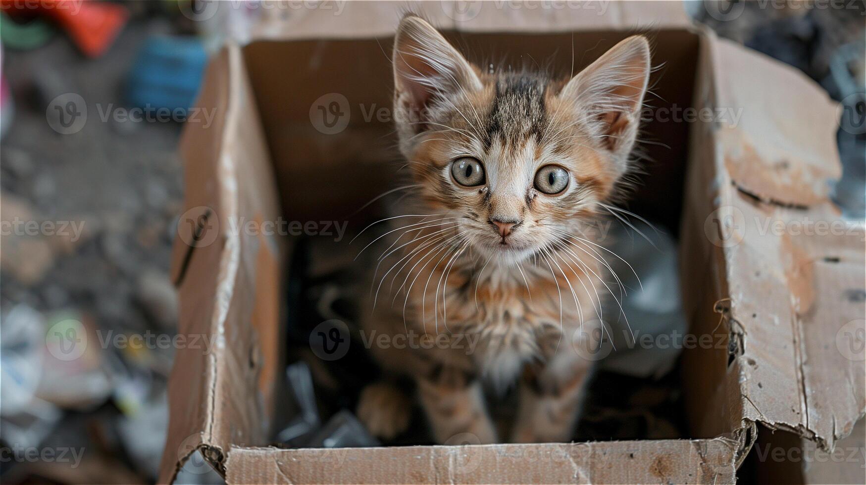 AI generated Kitten in a cardboard box against a background surrounded by trash photo