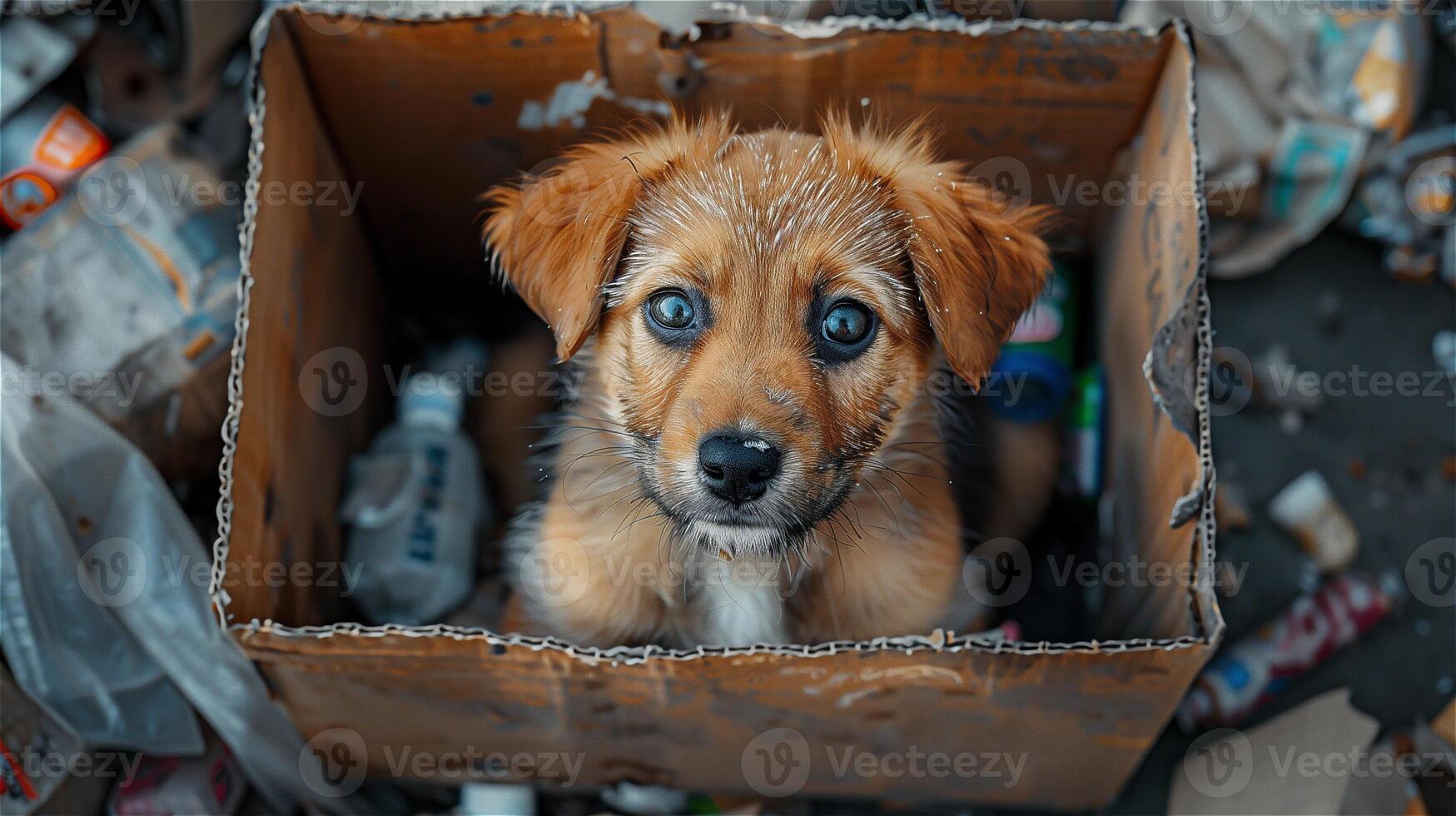 AI generated Puppy in a cardboard box against a background surrounded by trash photo