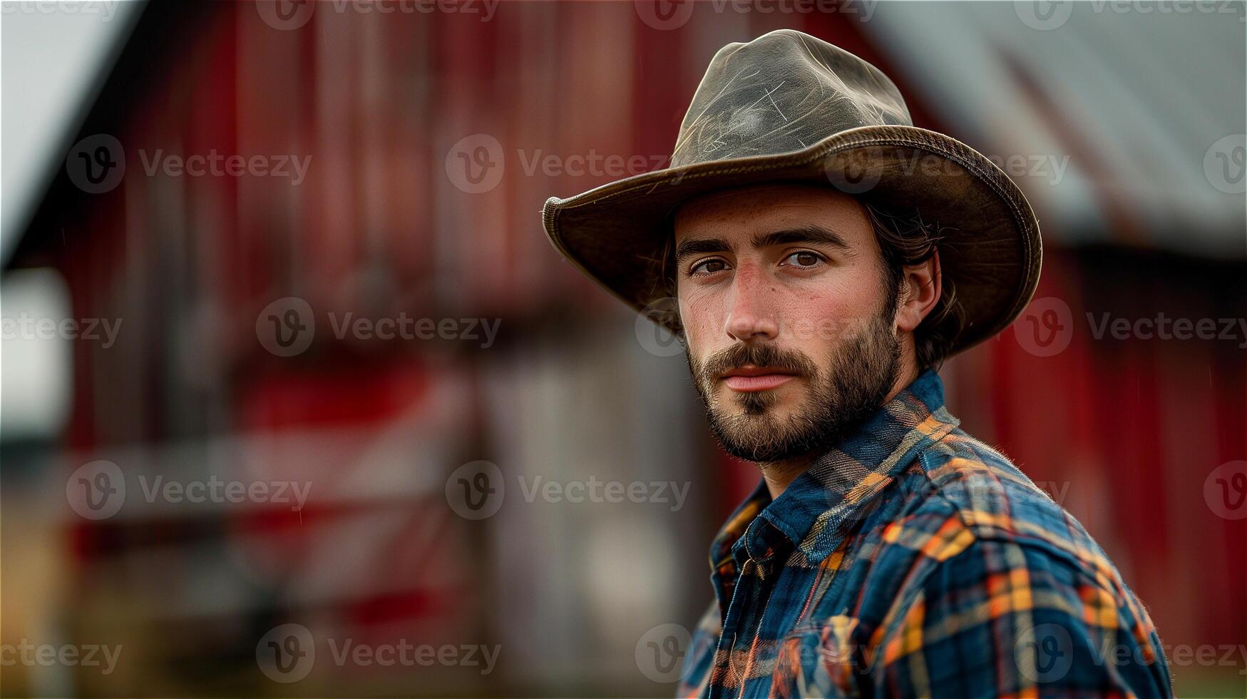 AI generated Handsome young man farmer with farm background photo