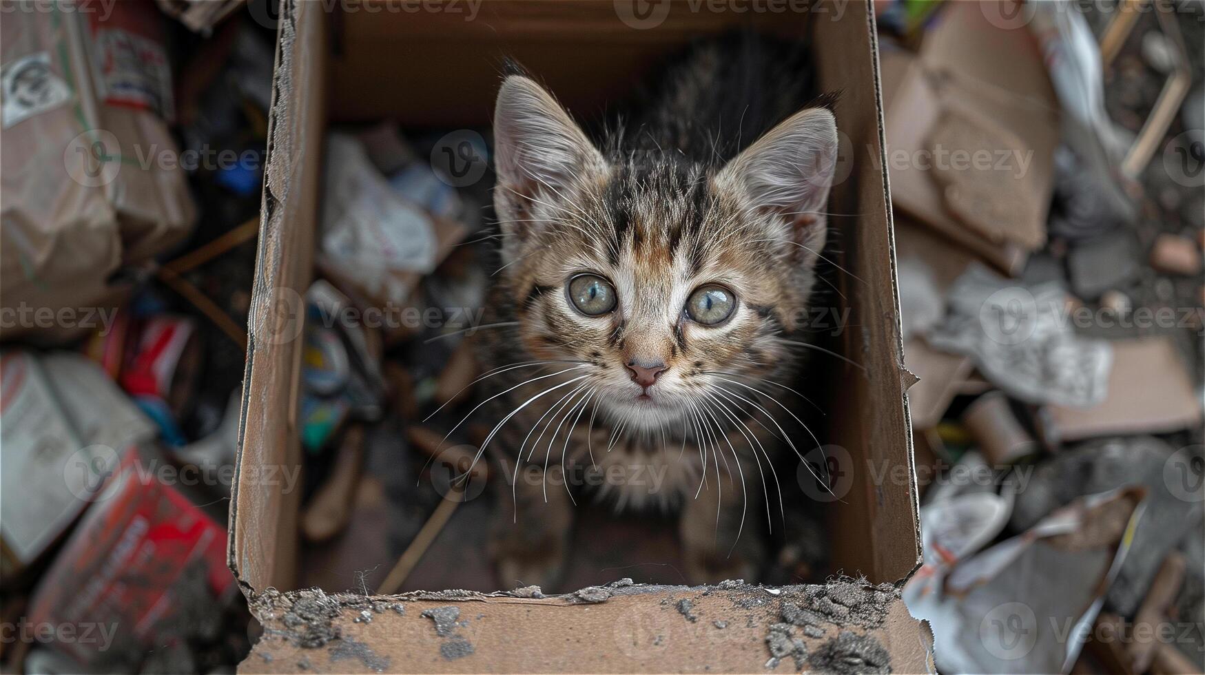 AI generated Kitten in a cardboard box against a background surrounded by trash photo
