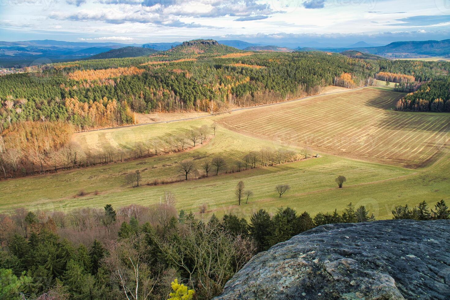 View from the Pfaffenstein. Forests, mountains, fields, vastness, panorama. photo