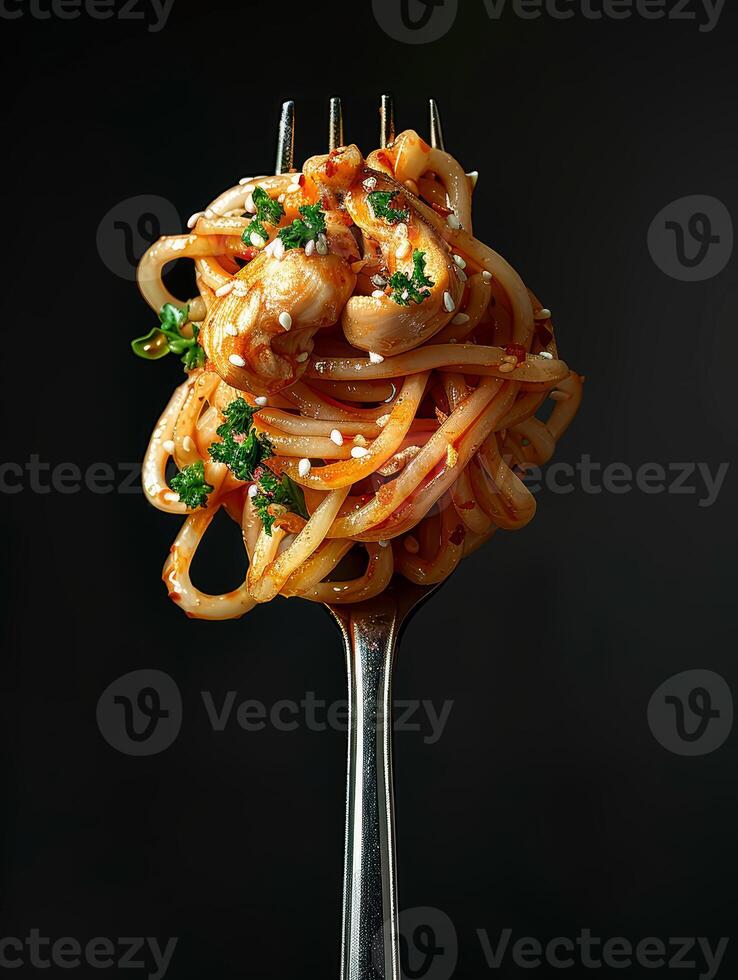 AI generated Fresh bite of hot spaghetti wrapped on fork against the dark black background photo