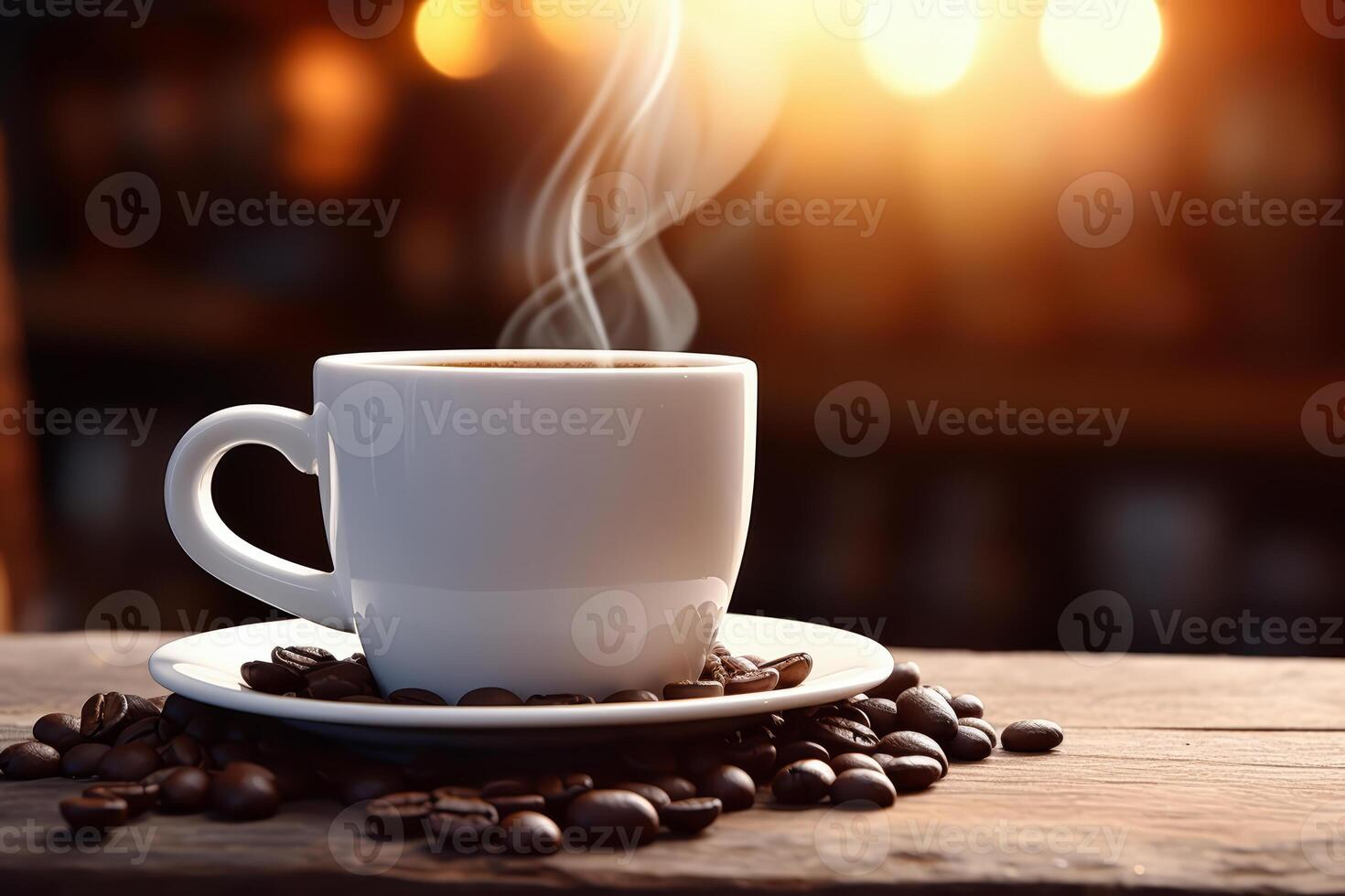 AI generated Cup of coffee with beans on wooden table photo