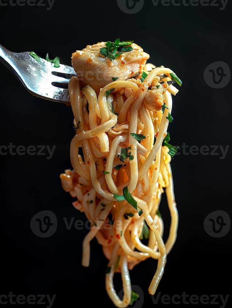 AI generated Fresh bite of hot spaghetti wrapped on fork against the dark black background photo