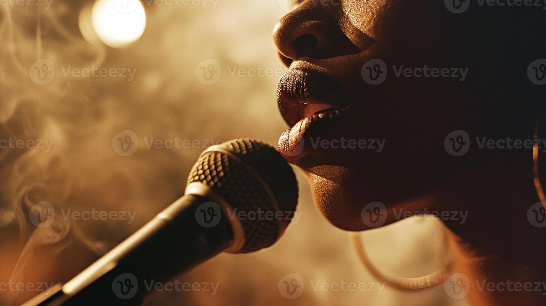 ai generado un mujer es canto dentro un micrófono con fumar viniendo fuera de su boca foto