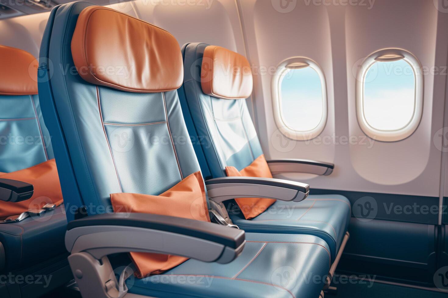 AI generated empty airplane cabin with comfortable seats photo