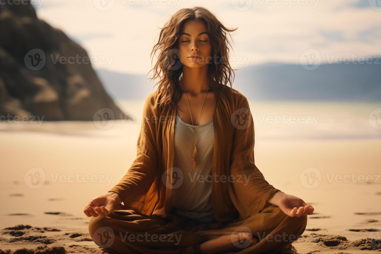 AI generated Young girl with flowing hair in lotus position on the ocean shore photo