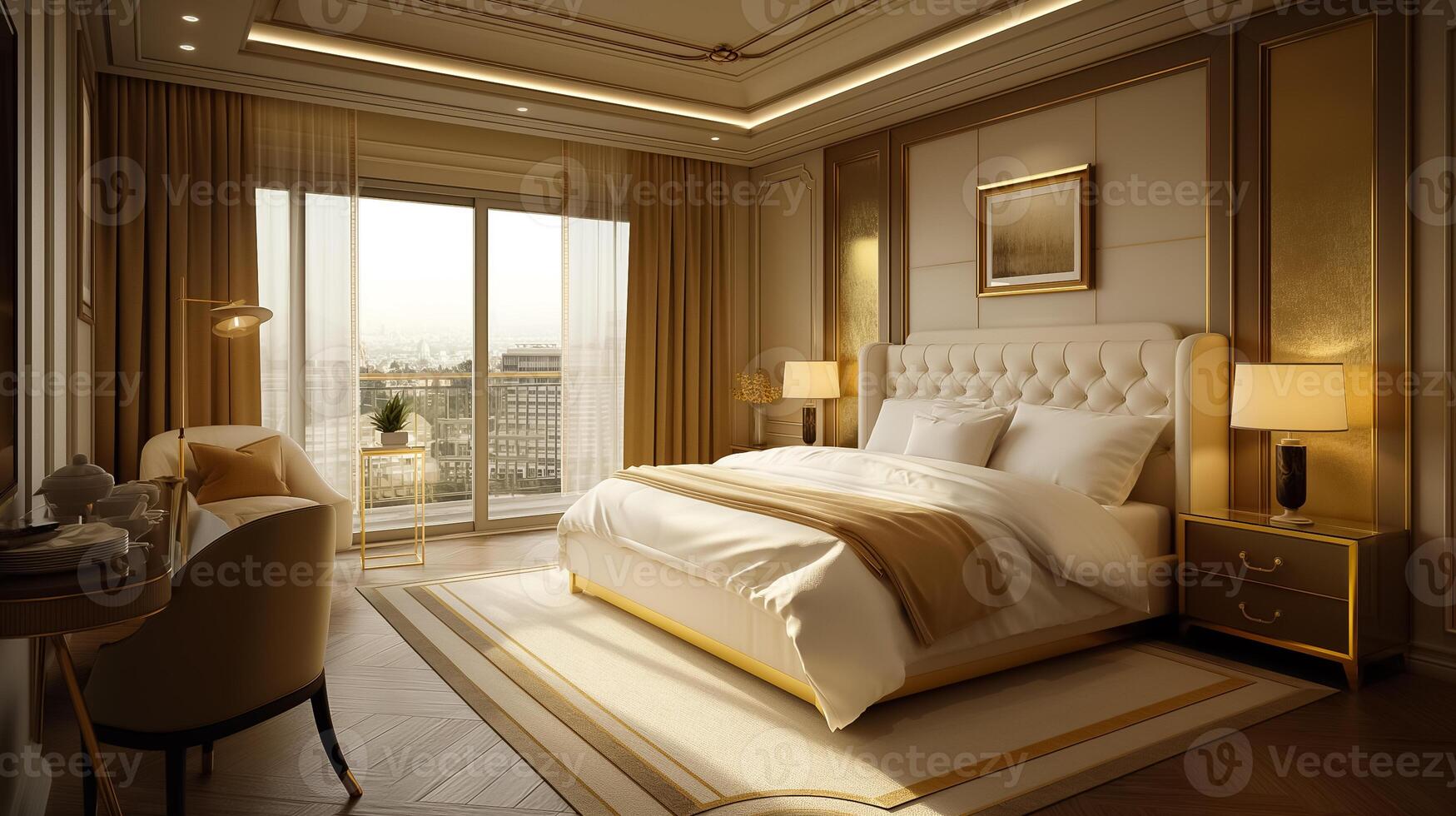 AI generated interior design of an expensive hotel room in a modern style with gold trim photo
