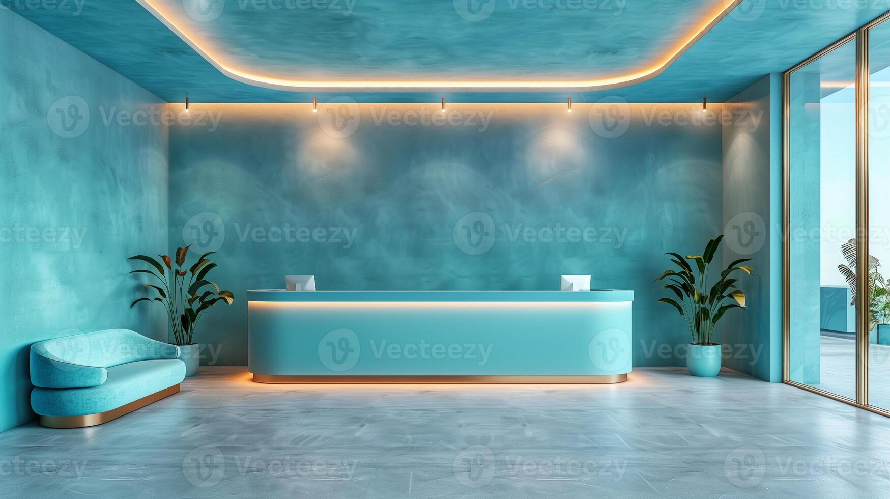 AI generated Reception desk of a modern medical clinic in blue and mint tones with soft lighting photo