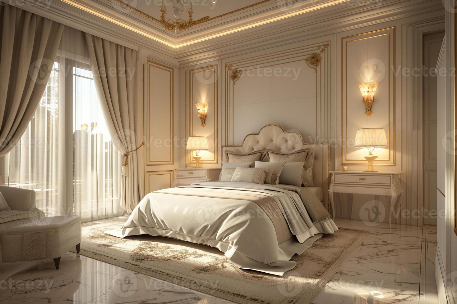 AI generated design of a modern expensive hotel room in light colors with white linens, gold fittings and lamps photo