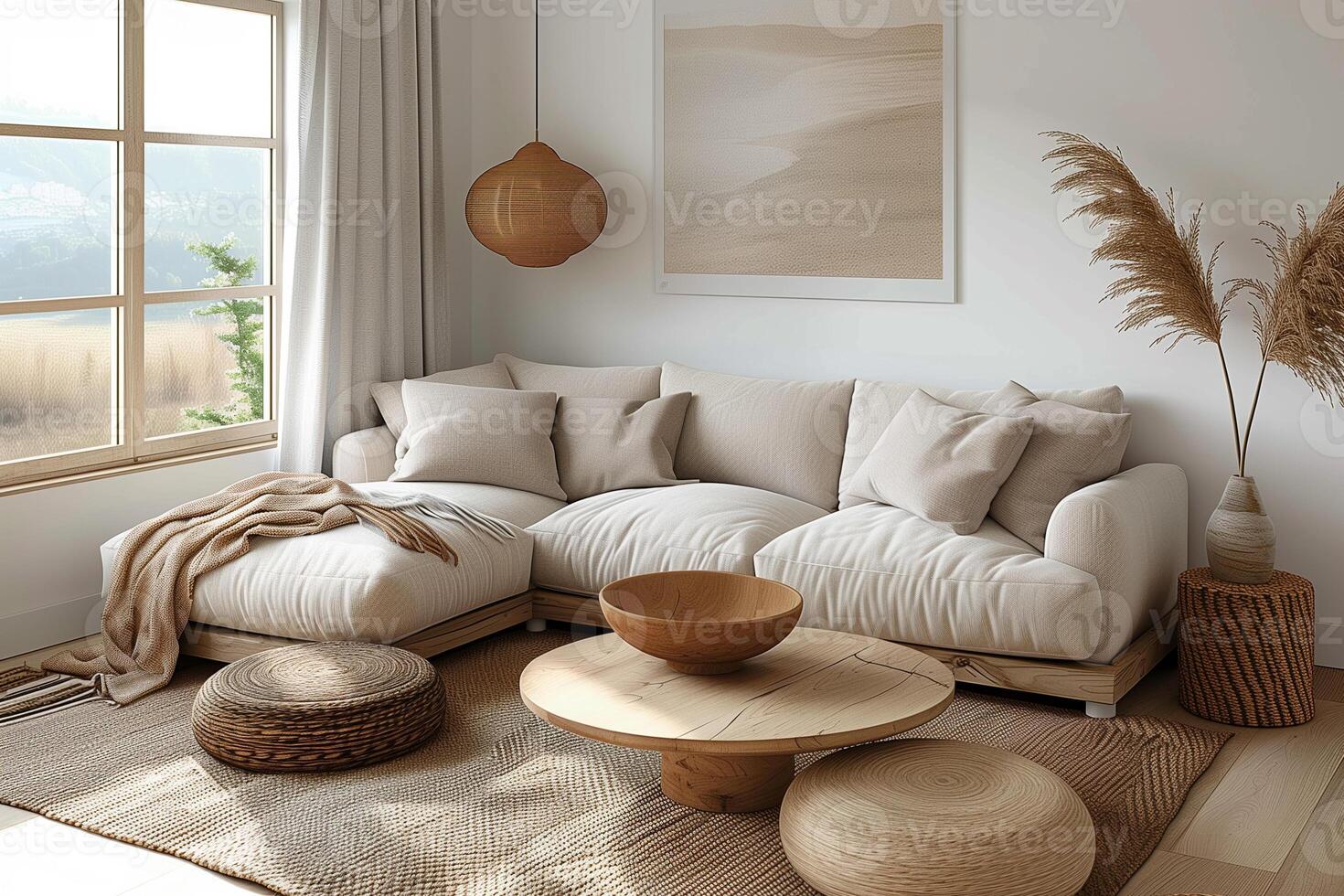 AI generated Interior design of a cozy modern living room in beige tones in the style of a barn house photo